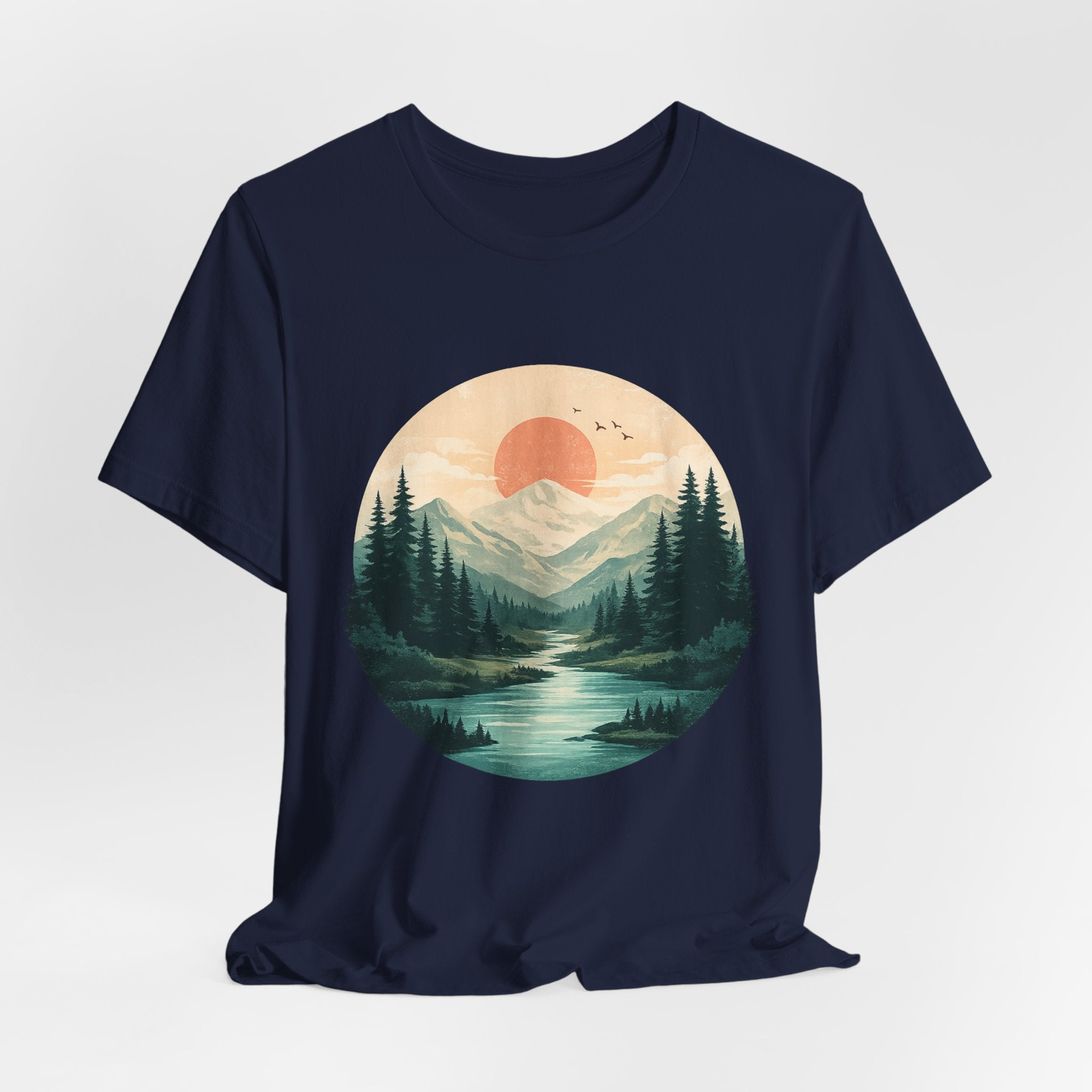 Sunset Mountain Landscape T-Shirt — Scenic Forest River Graphic Tee