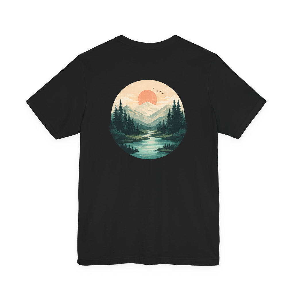 Nature Sunset Mountain Back Design T-Shirt — Scenic River & Pine Forest Graphic Tee