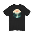Nature Sunset Mountain Back Design T-Shirt — Scenic River & Pine Forest Graphic Tee