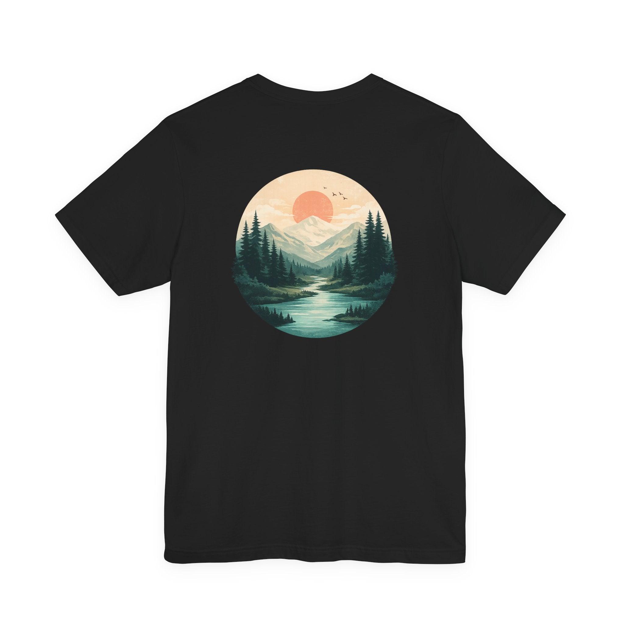 Nature Sunset Mountain Back Design T-Shirt — Scenic River & Pine Forest Graphic Tee