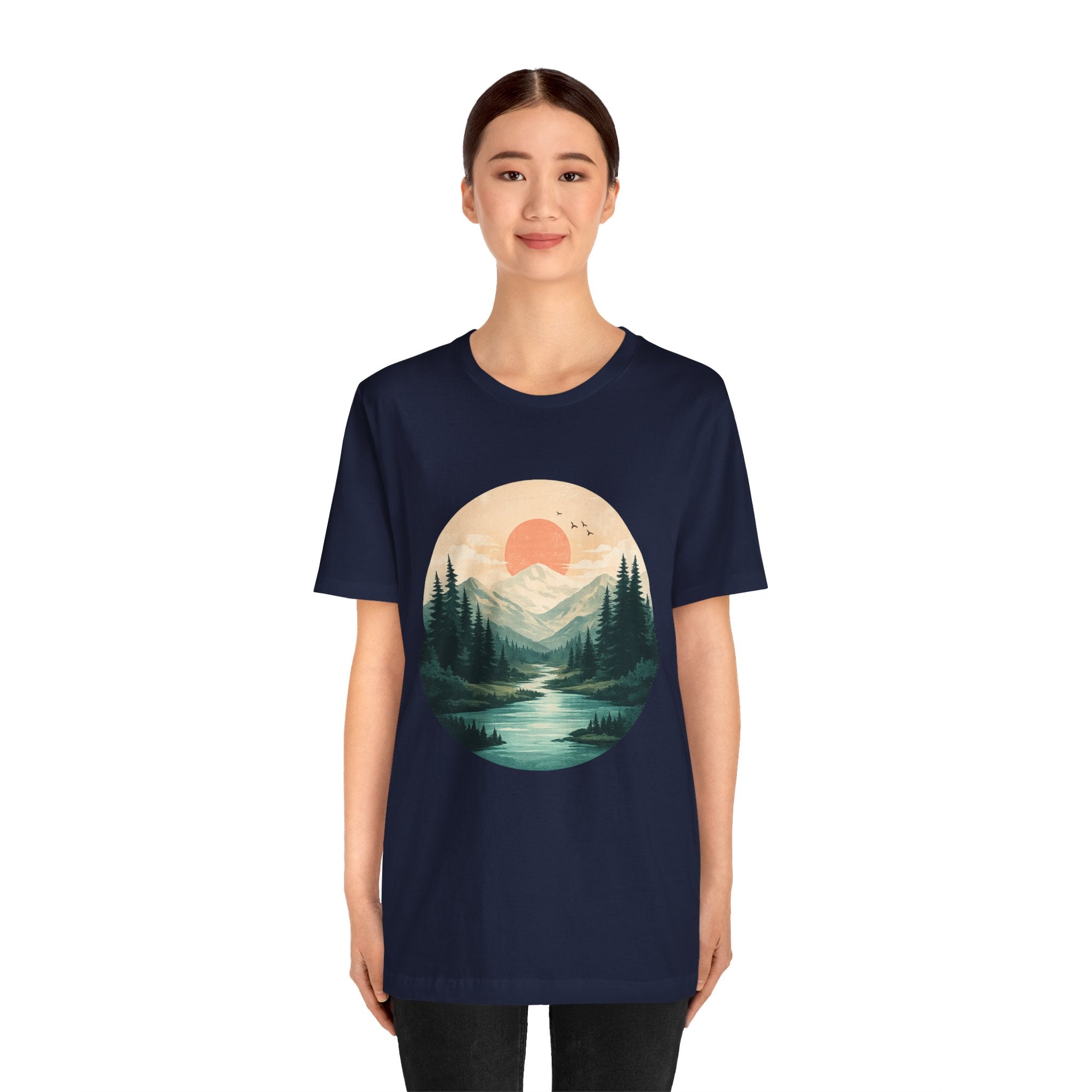 Sunset Mountain Landscape T-Shirt — Scenic Forest River Graphic Tee